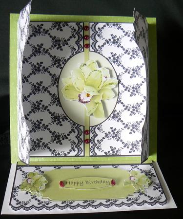 Formal Black and White Fold Back Card with Green Orchids by Audrey Wilson