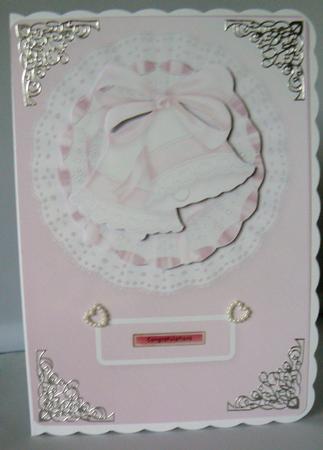 Pink Wedding Bells on Lace Card Front by Audrey Wilson