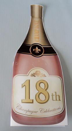 Large Dl 18th Champagne Bottle Shaped Card by Audrey Wilson