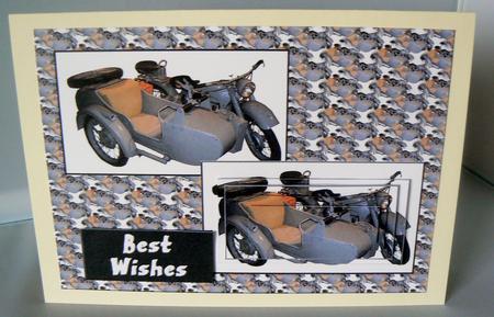 Motorbike and Sidecar Card Front by Audrey Wilson