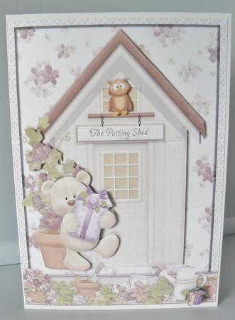 Birthday Bear at the Potting Shed Card Front by Audrey Wilson