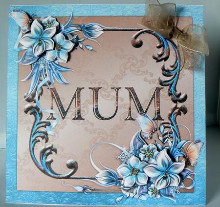 Winter Flowers 8x8 Decoupage Card - Mum - Aqua and Brown by Audrey Wilson