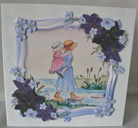 Crossing the Stream Watercolour with Blue Frame & Flowers by Audrey Wilson