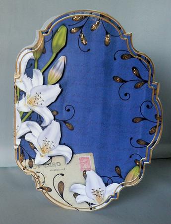 White Lily Swirls Dark Blue 7x5in Fancy Bracket Folded Card by Audrey Wilson