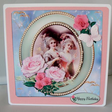 Vintage Ladies with Pink Roses in Green Pearl Framee by Audrey Wilson