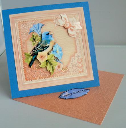 Blue Feathered Friend 8in x 8in Decoupage by Audrey Wilson