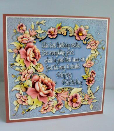 Pretty Flowers in a Blue Frame Birthday 8in x 8in Decoupage by Audrey Wilson