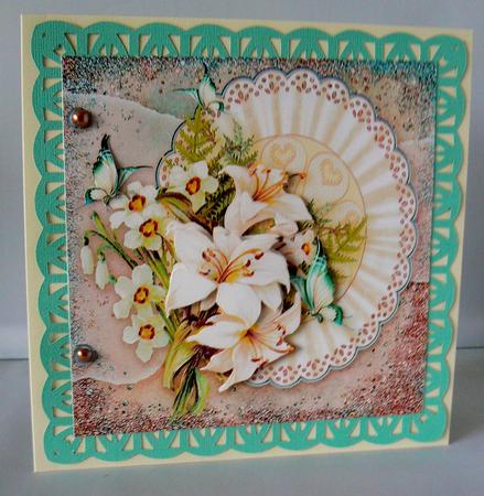 Lilies and Butterflies on a Broderie Anglaise Doily 8x8 Deco by Audrey Wilson