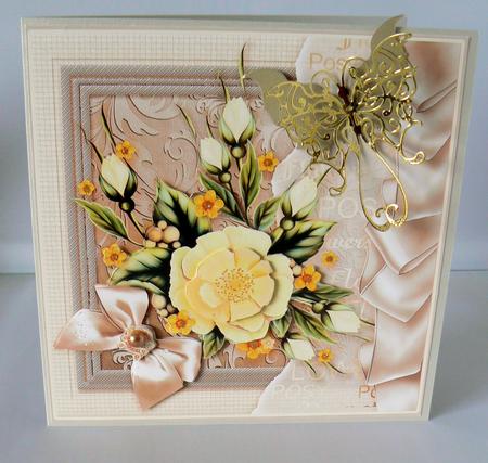 Cream Flowers with a Ribbon Border - 8in x 8in Decoupage by Audrey Wilson