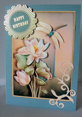 Lotus Flower and Dragonfly Card Front with Decoupage by Audrey Wilson