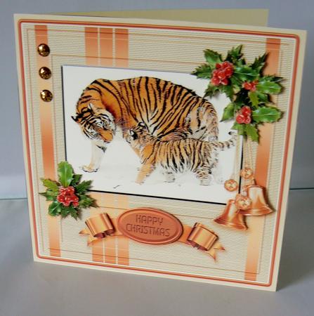 Tiger and Cub Playing in the Snow 8in x 8in Decoupage by Audrey Wilson