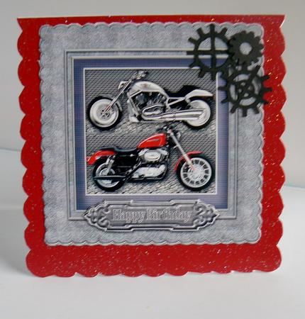 Motorbikes in a Blue Frame 8in x 8in Decoupage by Audrey Wilson