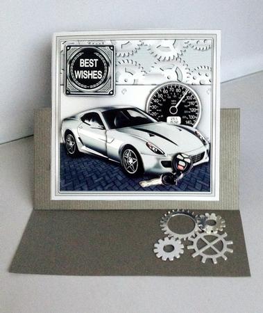 Silver Grey Metallic Car on a Cogs Background 8x8 Decoupage by Audrey Wilson