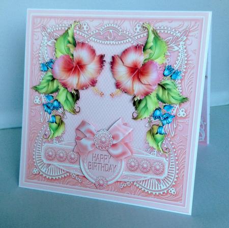 Pink Flowers and Bluebells on a Lace Frame 8inx8in Decoupage by Audrey Wilson
