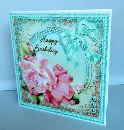 Pink Roses on a Teal Frame 8in x 8in Decoupage by Audrey Wilson