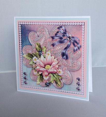 Pink Daisies on a Lace Doily 6in x 6in Pyramage by Audrey Wilson