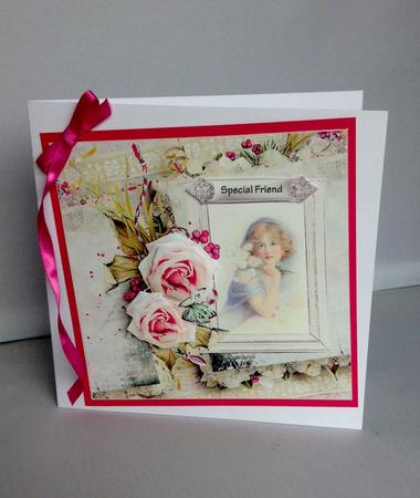 Pink Rose and Vintage Beauty 7x7 Card with Decoupage by Audrey Wilson