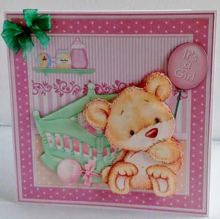 New Baby Girl Bear & Cradle 8x8 Decoupage Mini Kit by Audrey Wilson