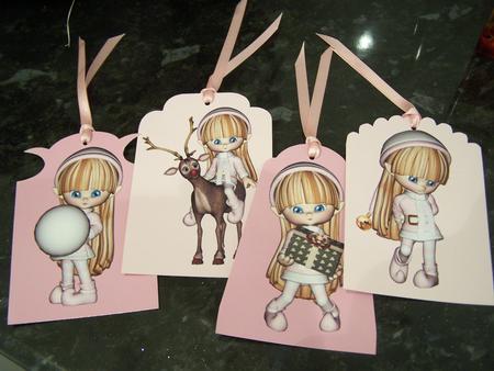 Set of Four Christmas Elf in Pink Tag Toppers by Audrey Rae