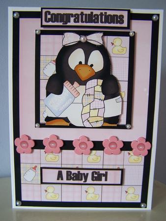 Baby Penguin Pingu Girl Decoupage Card Front by Audrey Rae