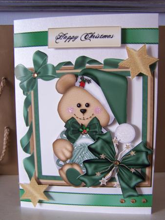 Christmas Teddy in Green Bow Frame by Audrey Rae