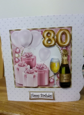 Pink age 80 balloons and presents card front by Barbara Hurst