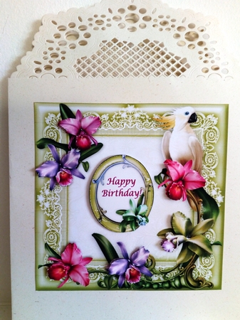 Orchids & Cockatiel - 6" x 6" Card Topper Decoupage & Greeti by Barbara Hurst