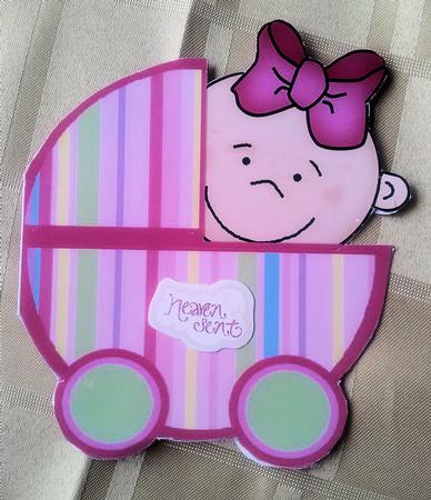 Baby Girl in Pram Shaped Card by Gillian Lester