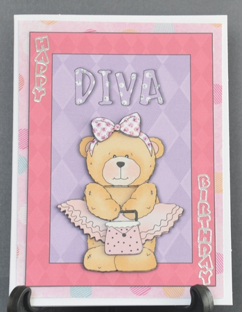 Diva Teddy Bear Card Front with Decoupage by Barbara Stubbings