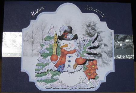 Snowman with His Tree and Candles Shaped Card by Barbara Stubbings