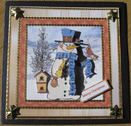 Snowman and Birdhouse 7x7 Card with Decoupage by Barbara Stubbings