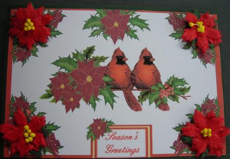 Poinsettias, Holly and Red Cardinal Birds by Barbara Stubbings