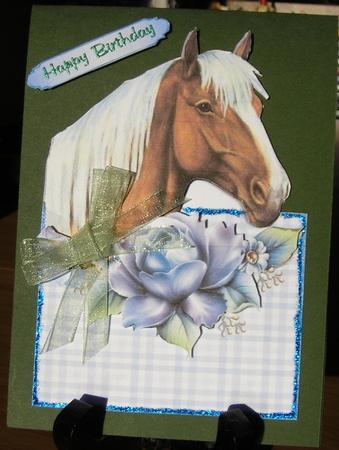 Palomino Horse with Blue Roses Over the Edge Card by Barbara Stubbings