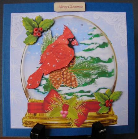 Beautiful Red Cardinal in a Snowglobe with Snow Trees 8x8 by Barbara Stubbings
