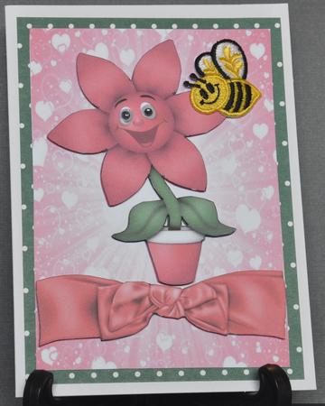 Cartoon Face Pink Flower in a Flowerpot, with Bees by Barbara Stubbings