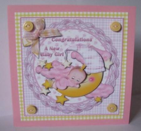 Sleeping Baby Girl on Moon Card Front by Barbara Hiebert