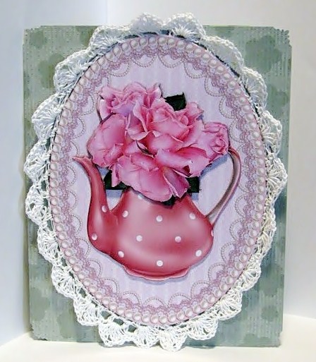 Beautiful Pink Roses in a Teapot Oval Topper by Barbara Hiebert