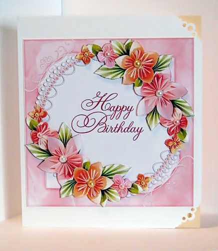Pink Origami Flowers Happy Birthday by Barbara Hiebert