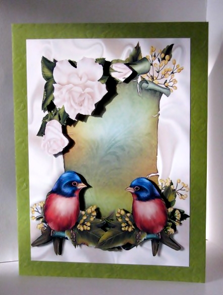 Pretty Birds on a Scroll with Cream Roses by Barbara Hiebert