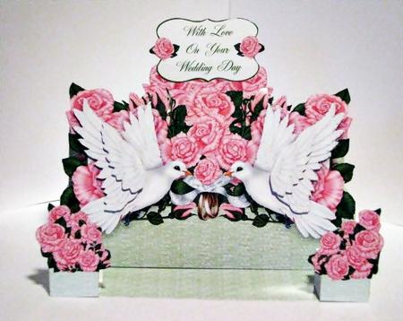 White Doves Pink Roses 3D Pop Up Wedding or Anniversary Card by Barbara Hiebert
