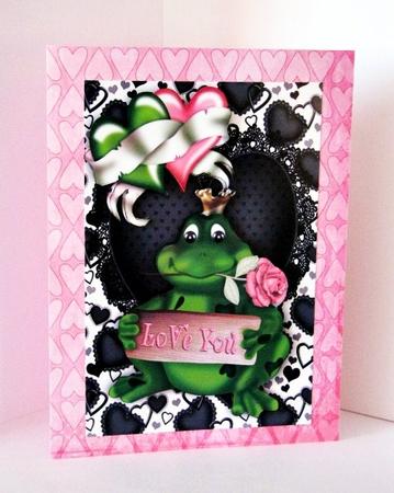 My Cute Frog on Black Lace Frame with Rose by Barbara Hiebert