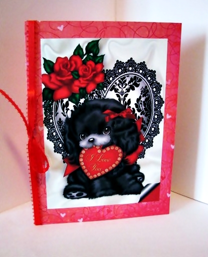 Black Puppy on Lace Heart with Roses A4 by Barbara Hiebert