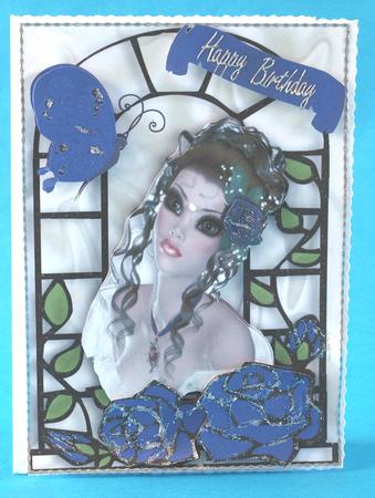 Pretty Lady with Purple Roses in Window Frame by Bea Stevens