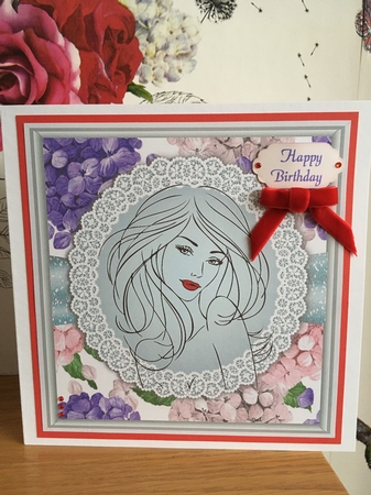 Girl wearing red lipstick With Hydrangeas 8x8 by BECCY WILTON