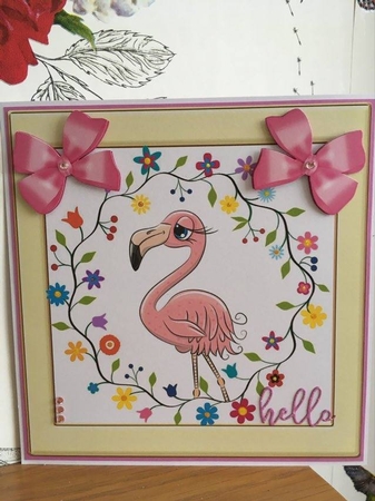 Cute pink flamingo with flowers in cream frame with pink bows 8x8 by BECCY WILTON
