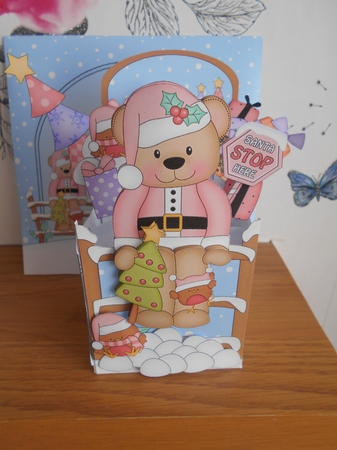 3D Christmas Livvy Bear Rubber Band Pop Up Box Card by BECCY WILTON