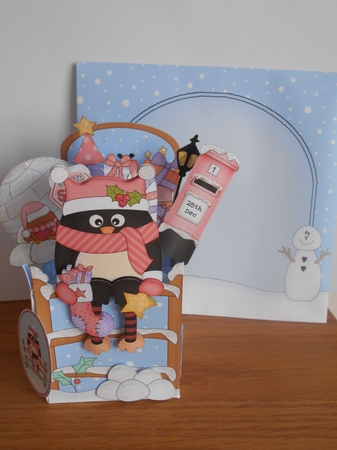 3D Christmas Rubber Band Pop Up Box Card - Christmas Pip Penguin has a Christmas Stocking by BECCY WILTON
