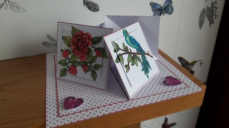 Mysterious bird quad easel card (red) by BECCY WILTON