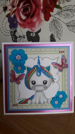 Pretty rainbow unicorn with butterflies and blue flowers 8x8 by BECCY WILTON