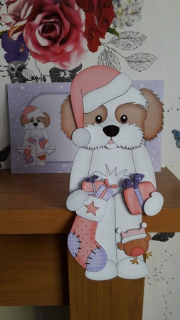 3D Christmas On the Shelf Card Kit - Christmas Cavachon Dog has an Xmas Stocking by BECCY WILTON